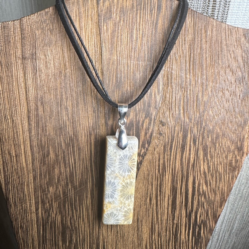 Coral Fossil Thin Rectangle Pendant Necklace on Black Rope - Picture 8 of 16